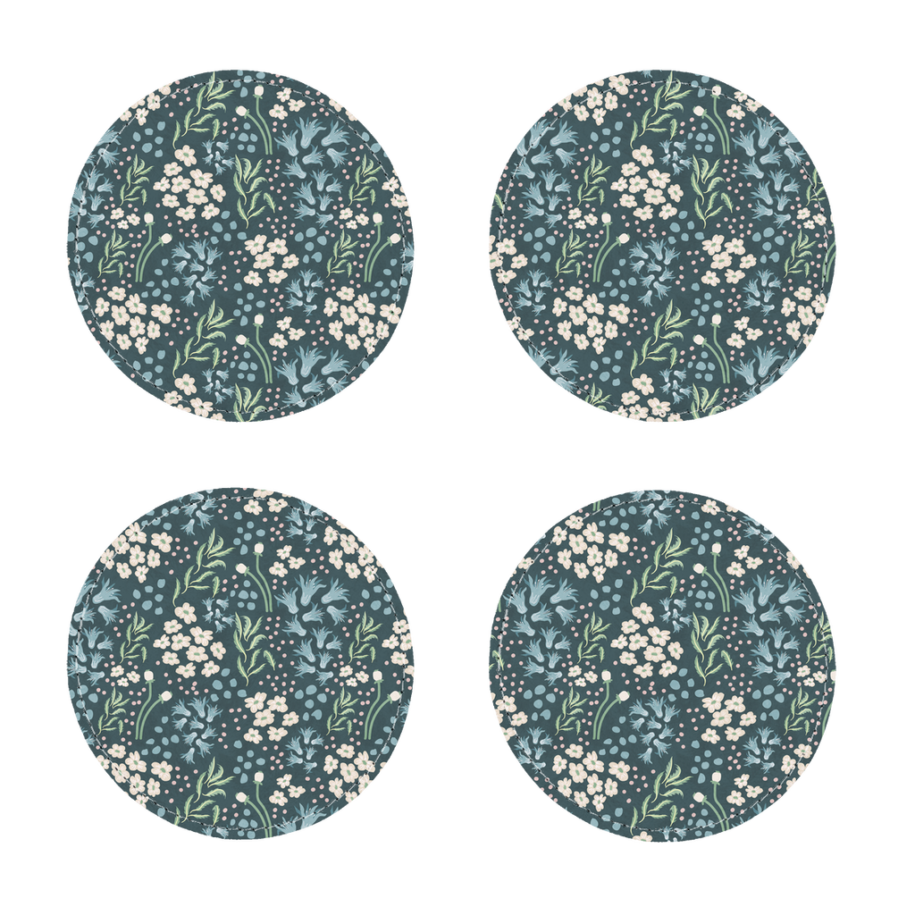 "Teal Tranquility: A Tapestry of Floral Elegance" Dark Green Raccoon Coasters Pack of Four