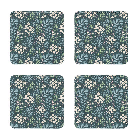 "Teal Tranquility: A Tapestry of Floral Elegance" Dark Green Raccoon Coasters Pack of Four