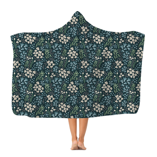 "Teal Tranquility: A Tapestry of Floral Elegance" Kids Snuggly Hooded Blanket