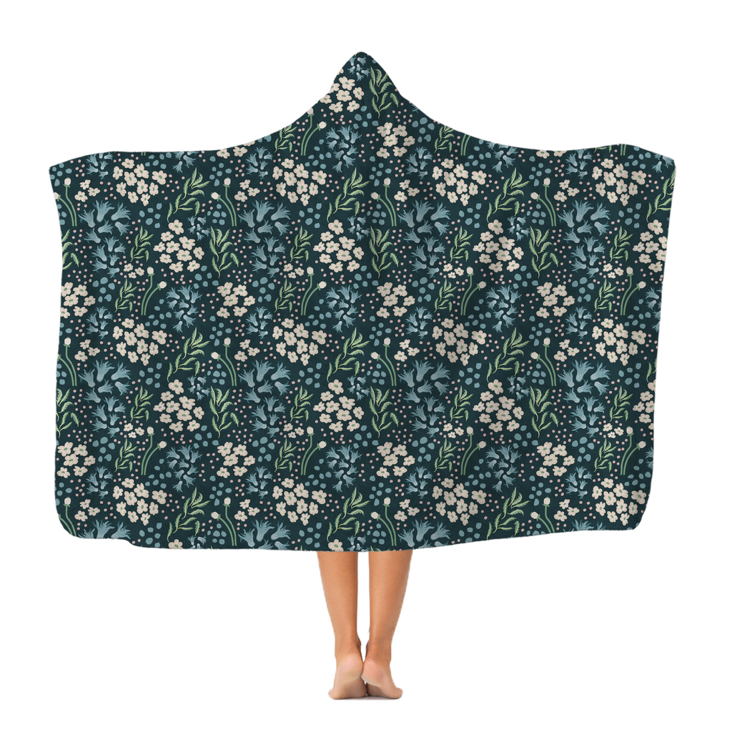 "Teal Tranquility: A Tapestry of Floral Elegance" Kids Snuggly Hooded Blanket