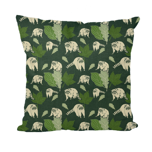 Dark Green Raccoon - Linen Style Throw Pillows