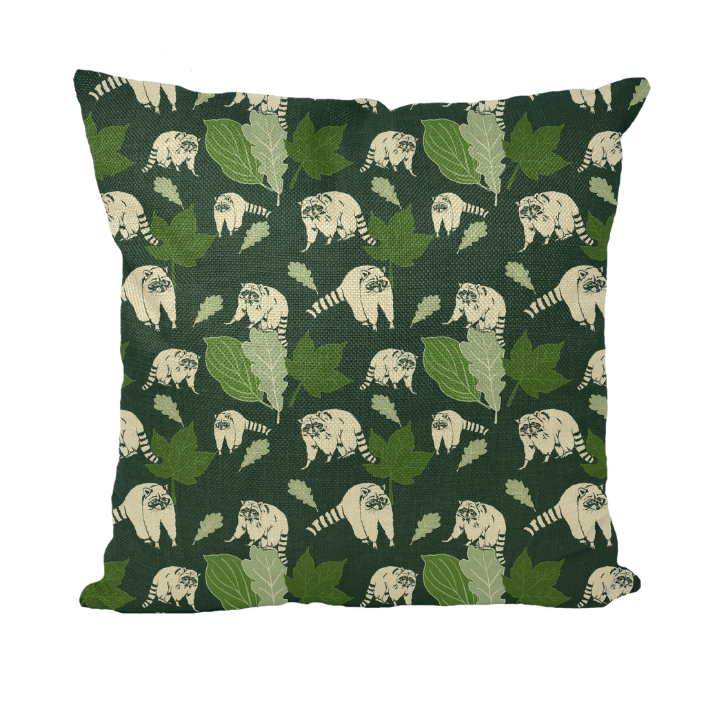 Dark Green Raccoon - Linen Style Throw Pillows
