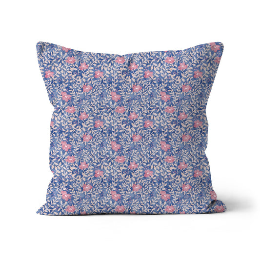 Pink Petals Party on Cornflower Blue Cushion with insert